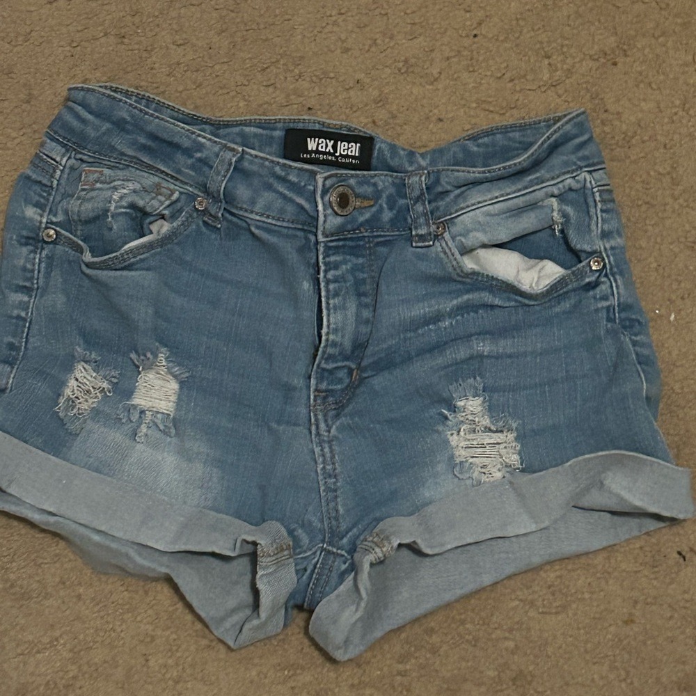 WAX JEANS CUT OFF DISTRESSED MID RISE MED WASH JEAN SHORTS 26" Waist T57-27